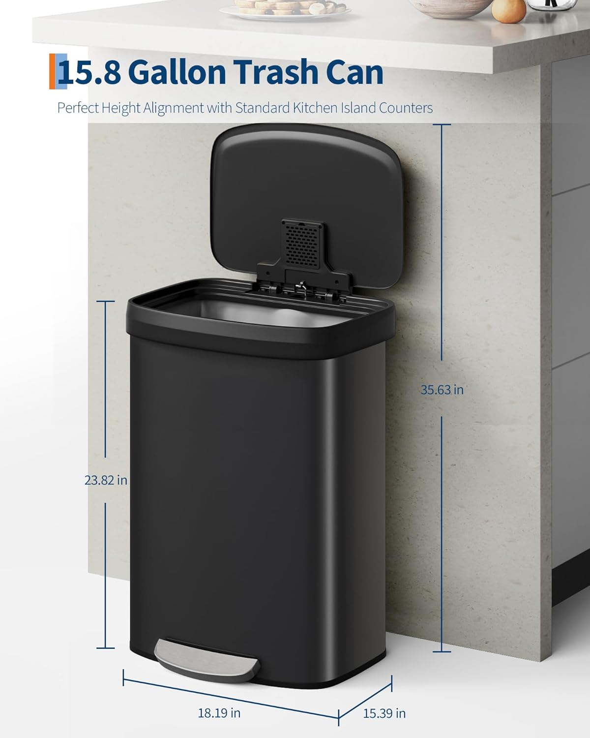 Garvee 16 Gallon / 60 Liter Metal Trash Can with Lid, Large Garbage Can for Kitchen, Rustproof