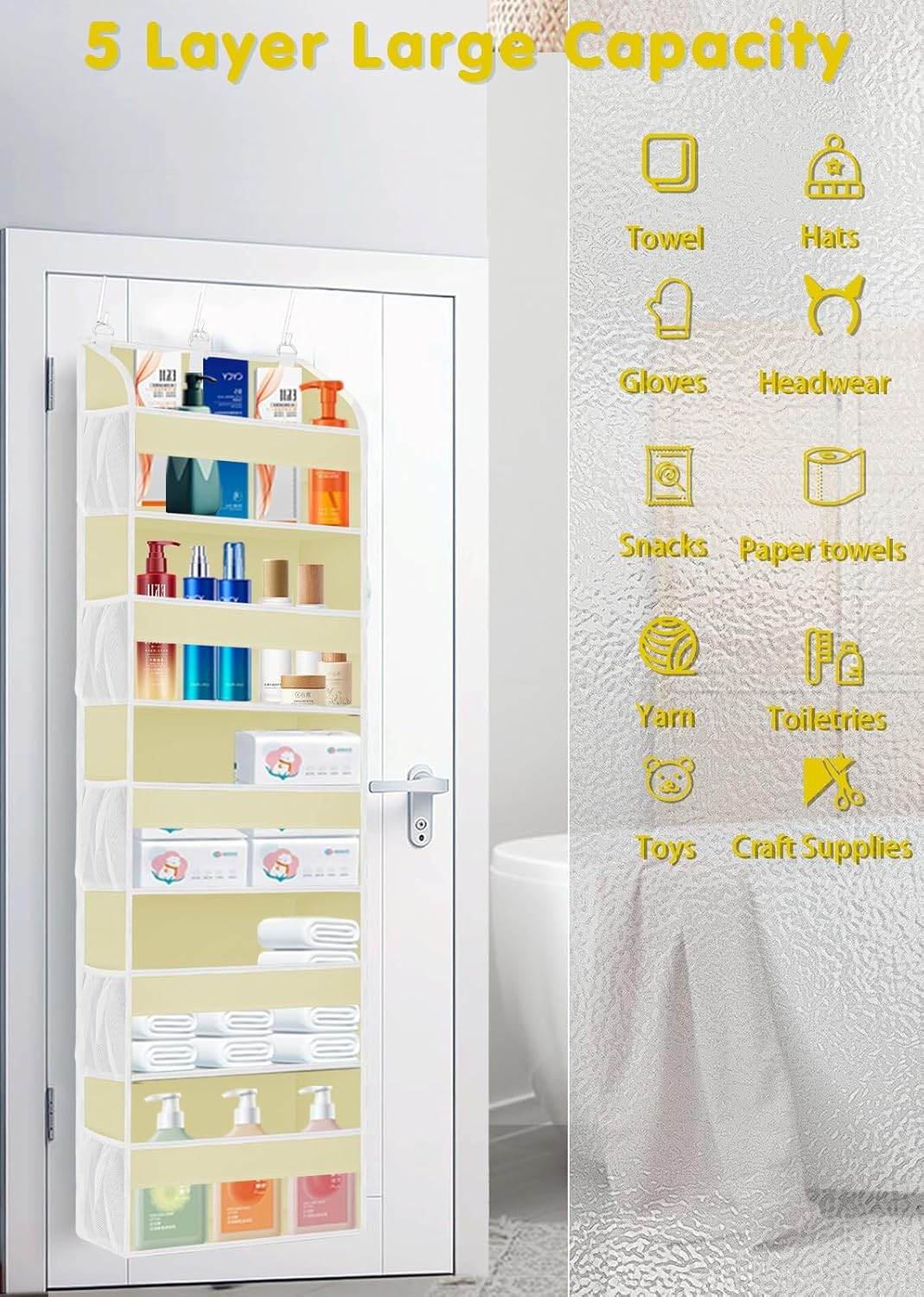 2 Pack Over The Door Storage Organizer with 5 Pockets 10 Mesh Pockets, 44 lbs Weight Capacity Door