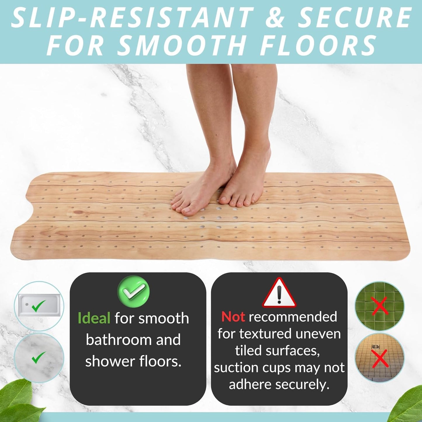 ENKOSI Bath Mat – PVC Large 40 x 16 Inch Non-Slip Bathtub Mat with Secure Suction Cup Grip & Drain