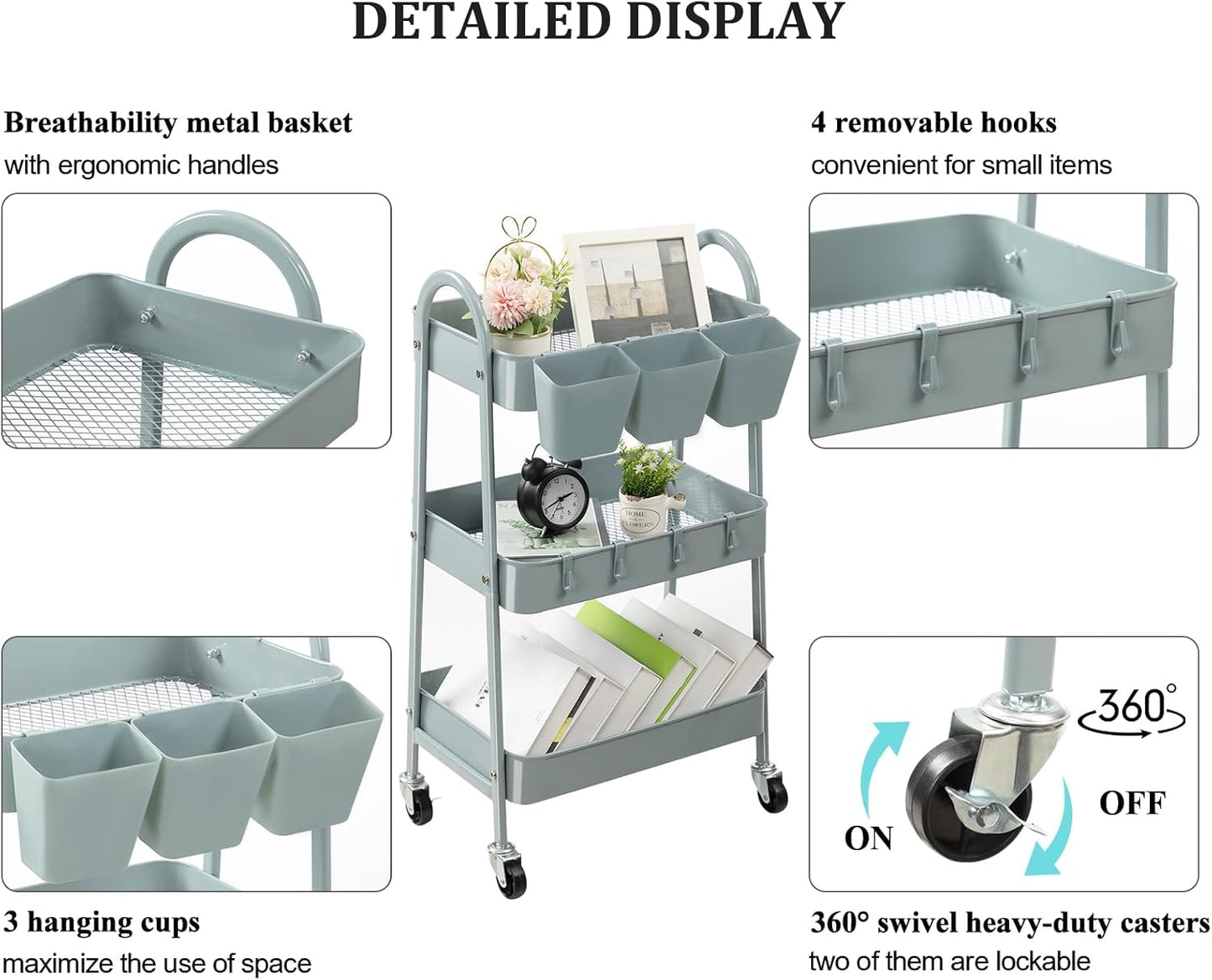 danpinera 3-Tier Rolling Cart, Metal Rolling Storage Cart with Lockable Wheels & Hanging Cups &
