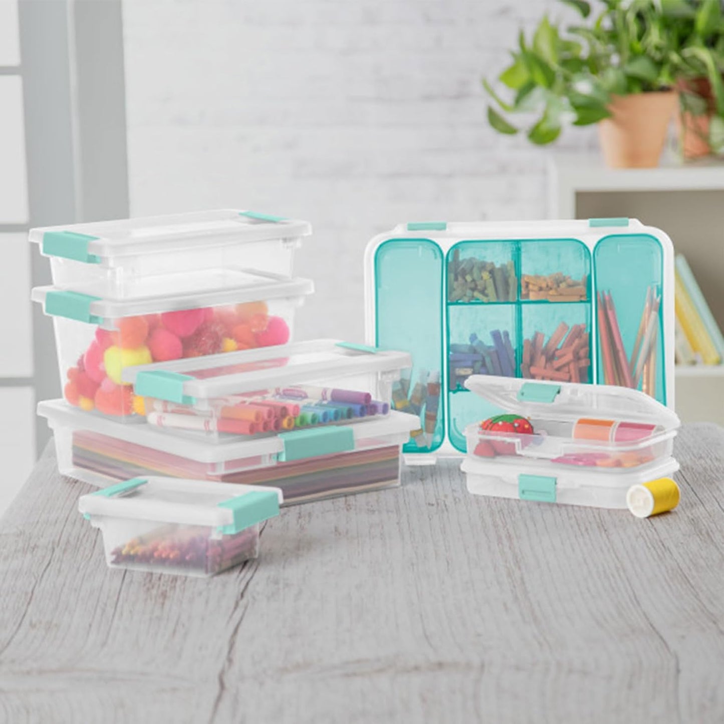 Sterilite 30-Pack Clip Box, Stackable Clear Plastic Bins with Latching Lids, Small - Writing, Arts