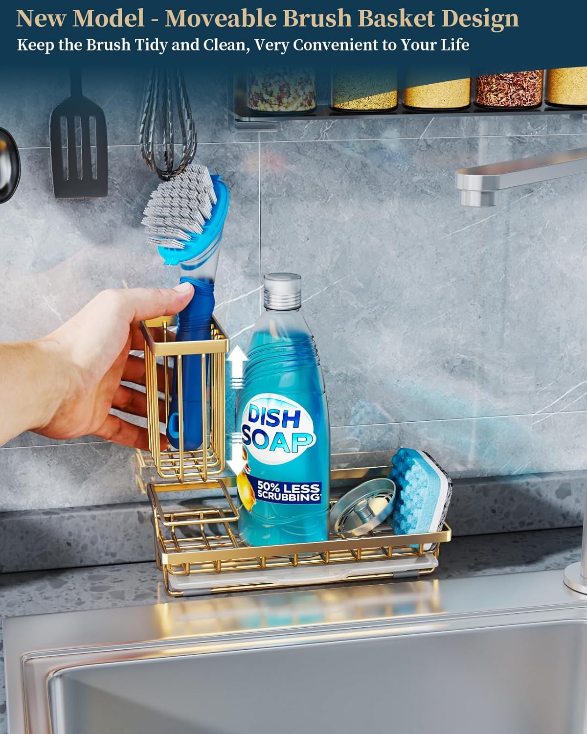 Consumest Sink Caddy, Kitchen Sponge Holder with Dish Brush Holder, Kitchen Sink Organizer with