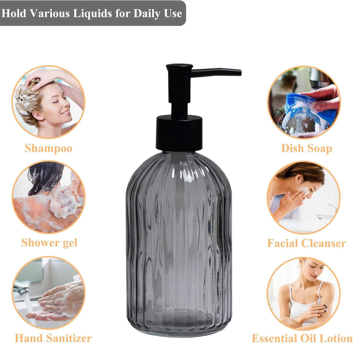Grey Glass Soap Dispenser with Black Plastic Pump, 13.5oz Refillable Liquid Hand Soap Dispenser