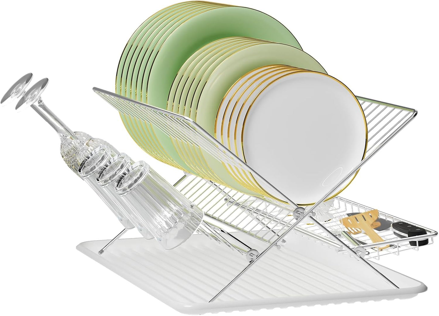 Dish Rack with Drip Tray, Stainless Steel 3-Tier Collapsible Drainer Dish Drying Rack for Kitchen