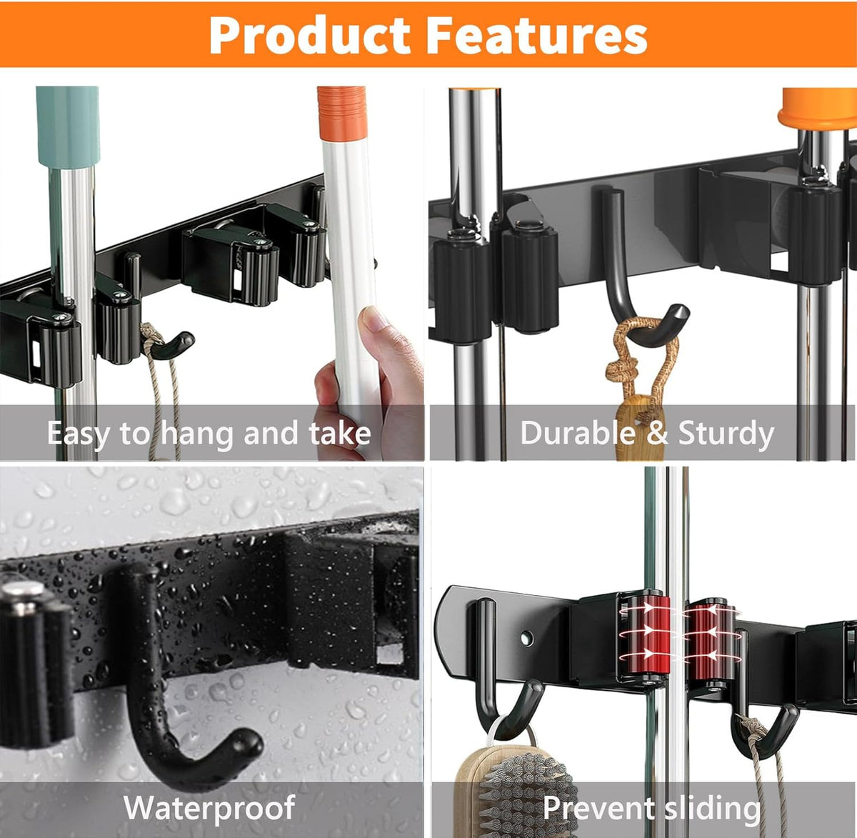 Mop and Broom Holder Wall Mount, Upgraded Broom Organizer Wall Mount, Stainless Steel Broom Hanger