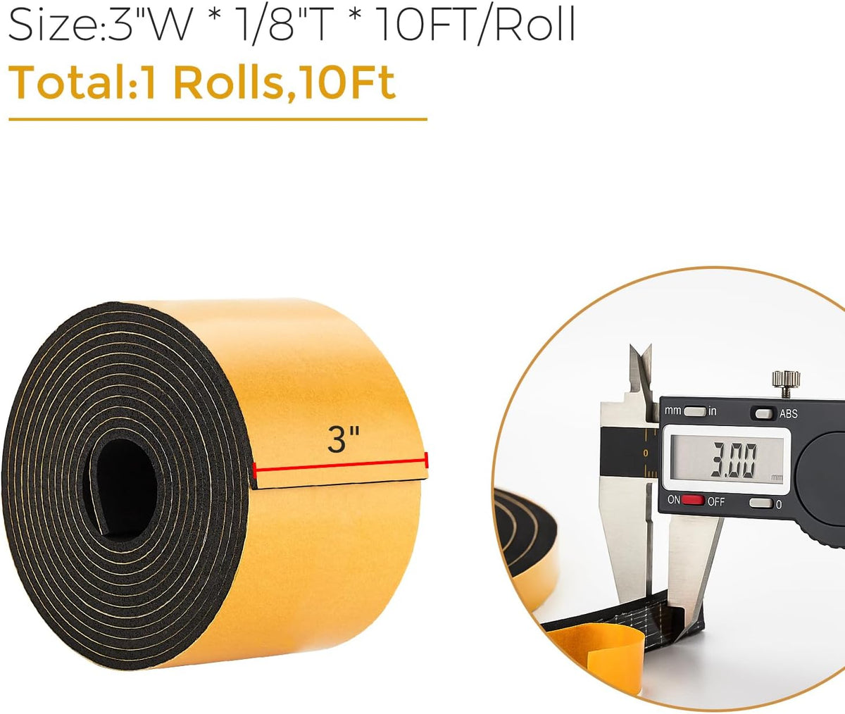 10 Feet Weather Stripping Door Seal, 3" Wide X 1/8" Thick Door Seal Strip High Density Foam Tape