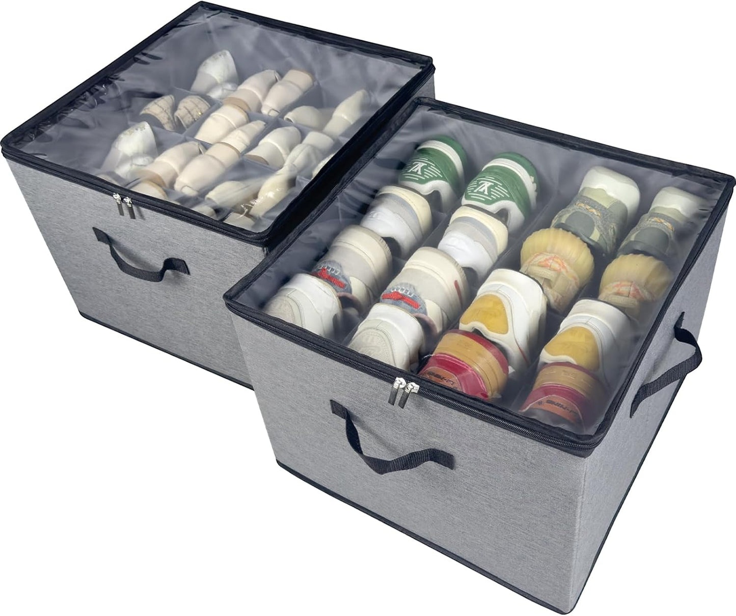 Shoe Organizer Box 2 Pack, Shoe Storage Organizer with Clear Cover, Adjustable Dividers Fits 16-32