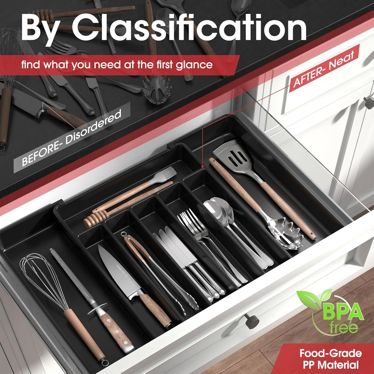 Aujen Silverware Organizer - Expandable Kitchen Drawer Organizer, Adjustable Utensil Organizer