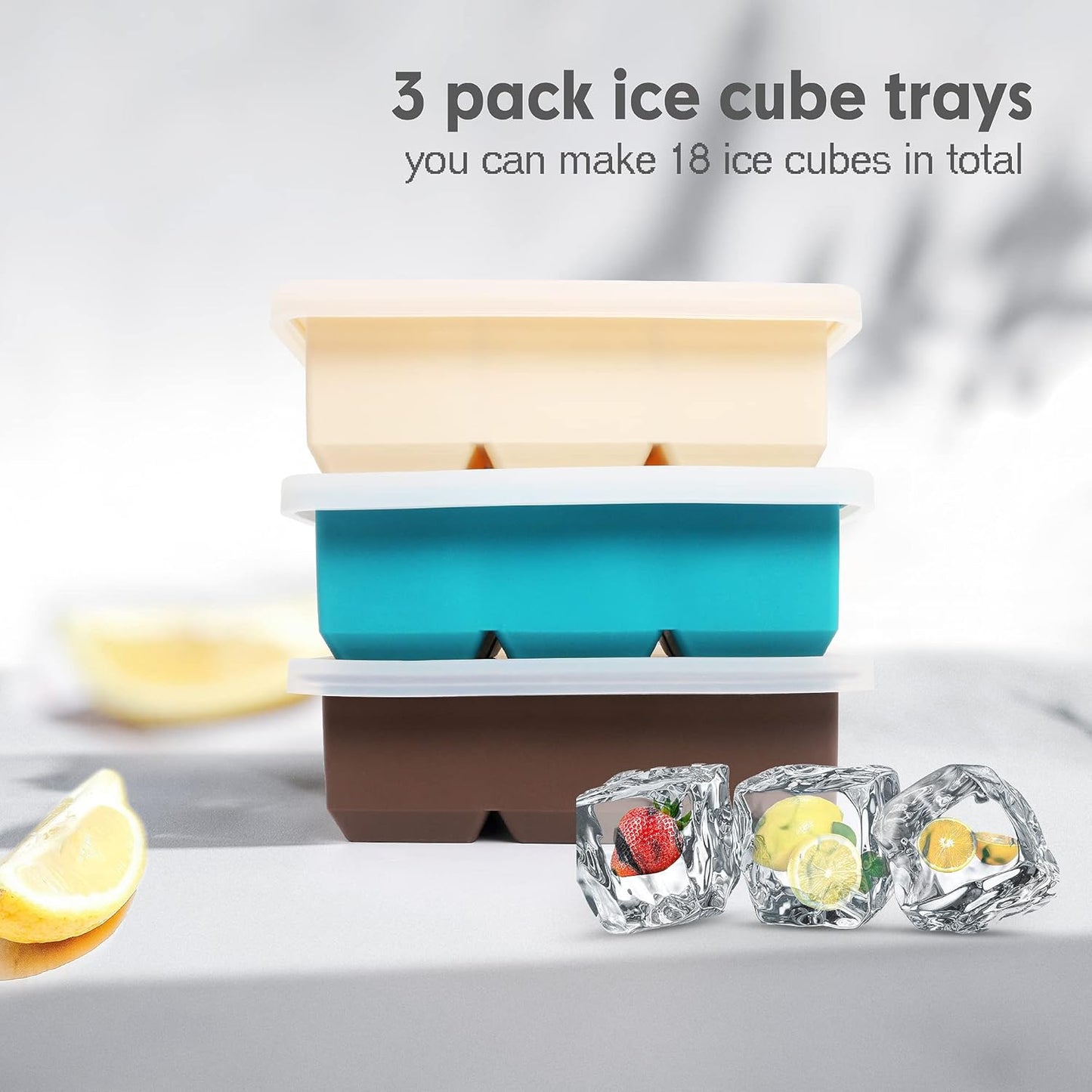 Silicone Ice Cube Trays 3 Pack - Large Size Silicone Ice Cube Molds with Leak Proof Removable Lid