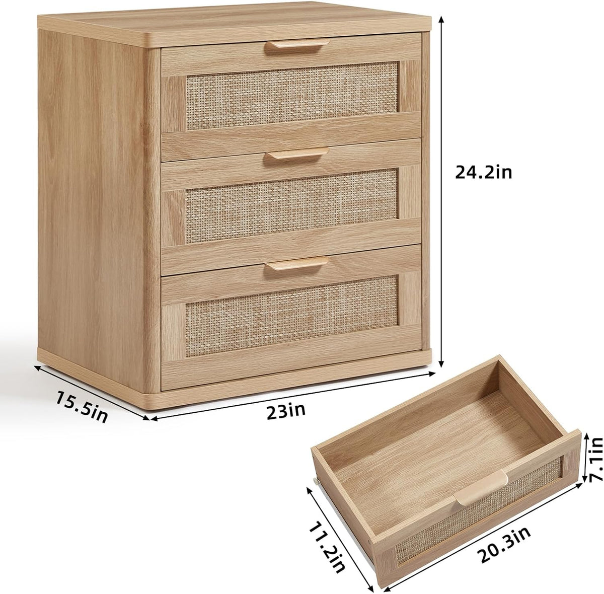 LEYAOYAO Rattan Night Stand with Drawers, 23" Large 3 Drawer Boho Nightstand, Natural Wood Bedside