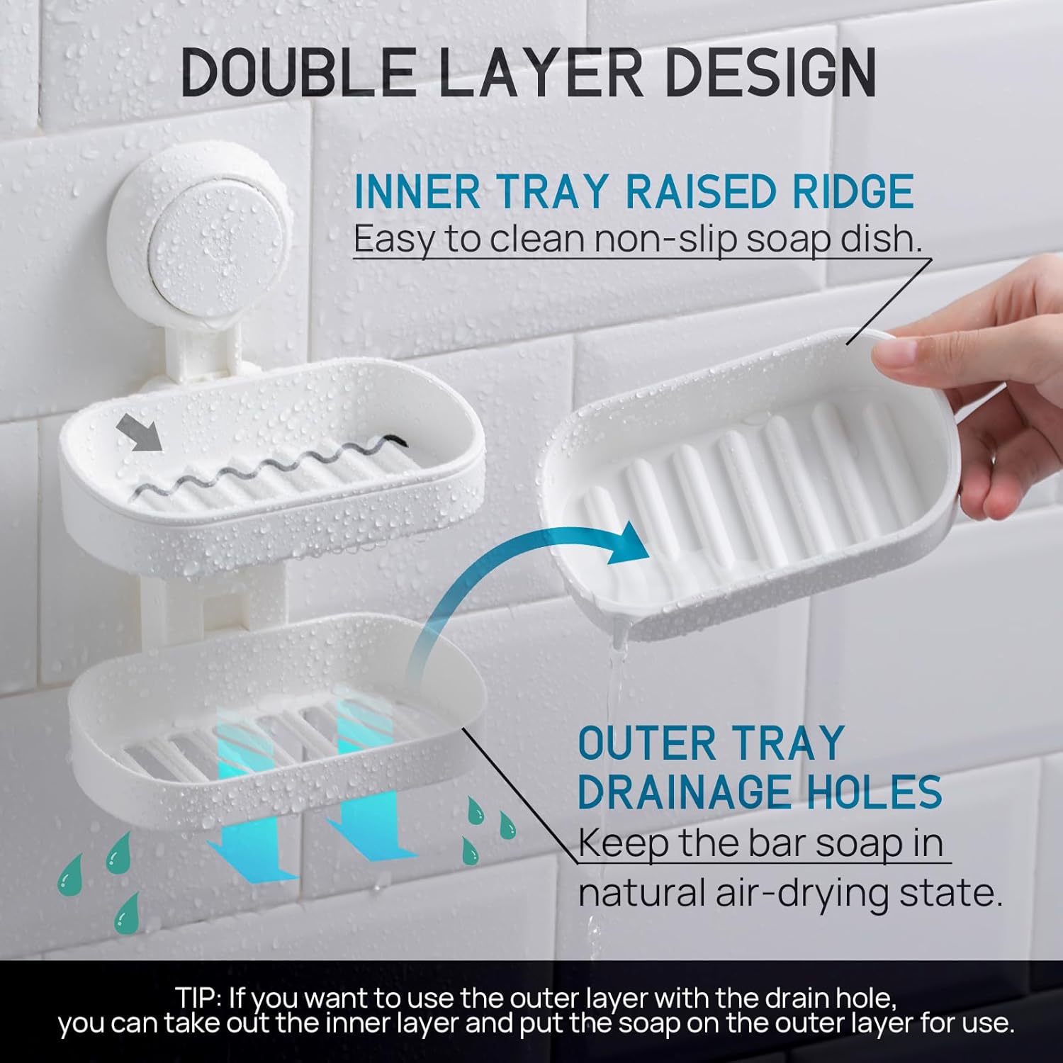 LEVERLOC Soap Dish Holder for Shower Double Layer Suction Cup Wall Mounted NO-Drilling Self