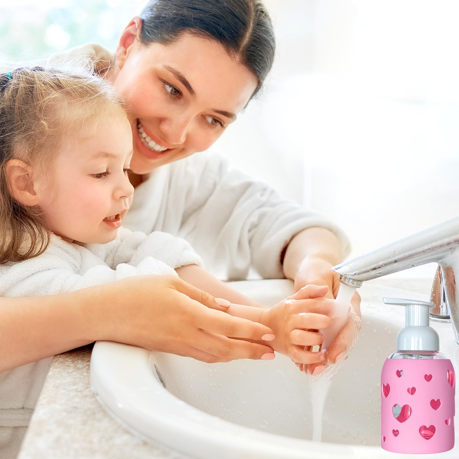 SoCal Suds & Company Glass Foaming Hand Soap Dispenser, Heart Silicone Sleeve, Refillable Pump