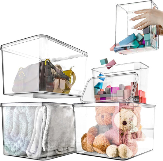 Storage Boxes, 5 Packs Transparent Food Organizer, Stackable Lidded Storage Bins (3 XL + 2M)