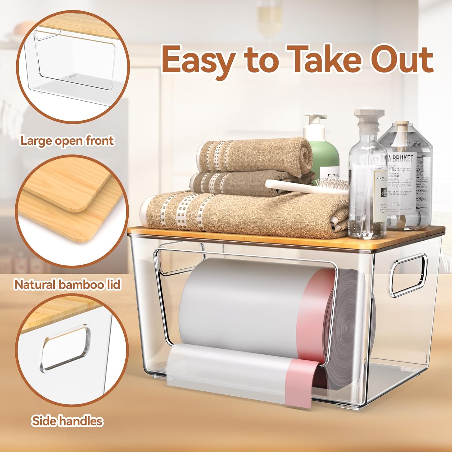 Trash Bag Holder with Bamboo Lid, Stackable Trash Bag Dispenser, Extra Large Storage for Kitchen