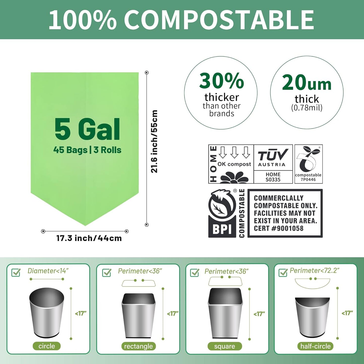5 Gallon Trash Bags Compostable Compost Small Garbage Bag Extra Thick 0.78 Mil for Kitchen Bathroom
