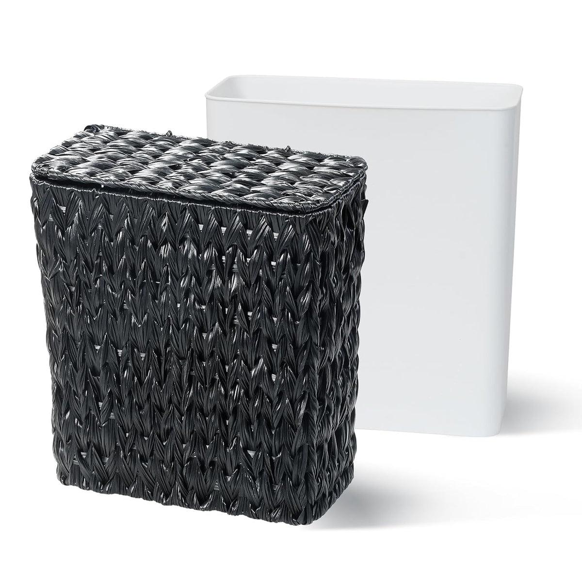 Black Wicker Trash Can with Lid and Liner,Waterproof Narrow Waste Basket for