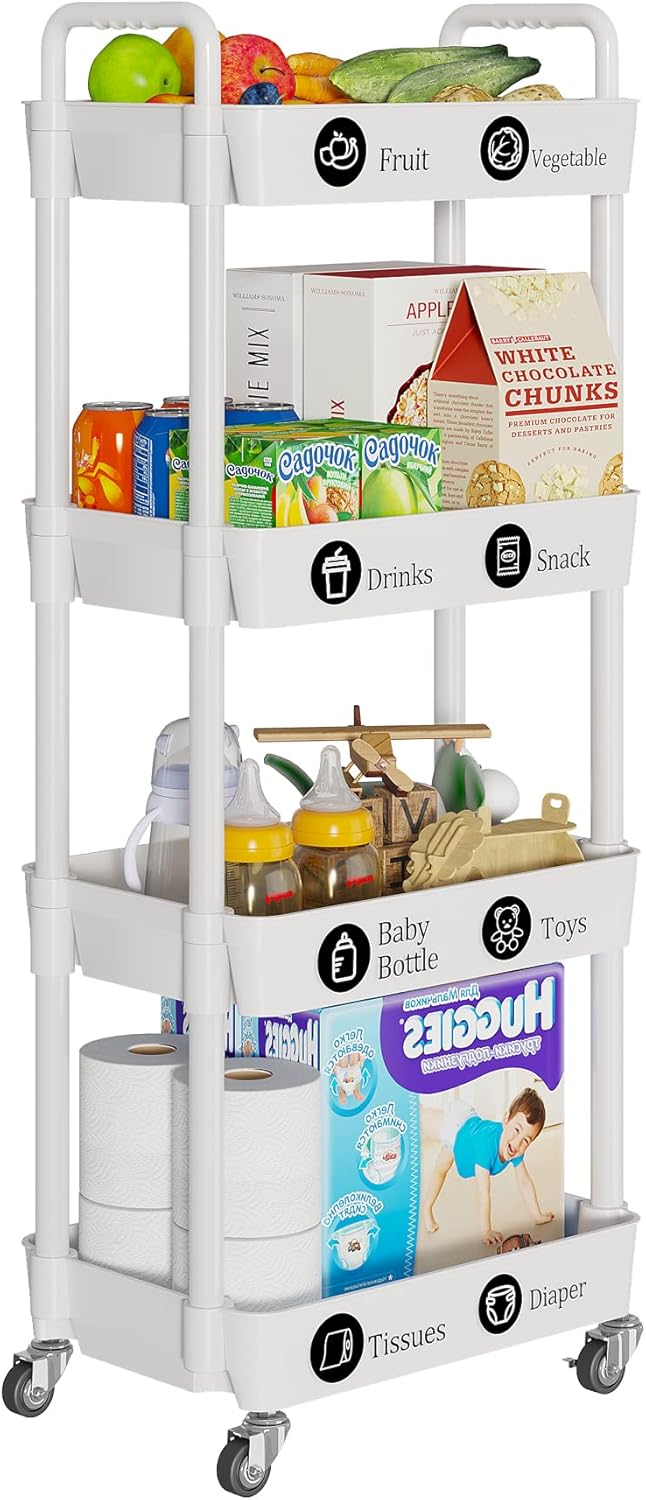 Laiensia 4-Tier Storage Cart,Multifunction Utility Rolling Cart Kitchen Storage Organizer,Mobile