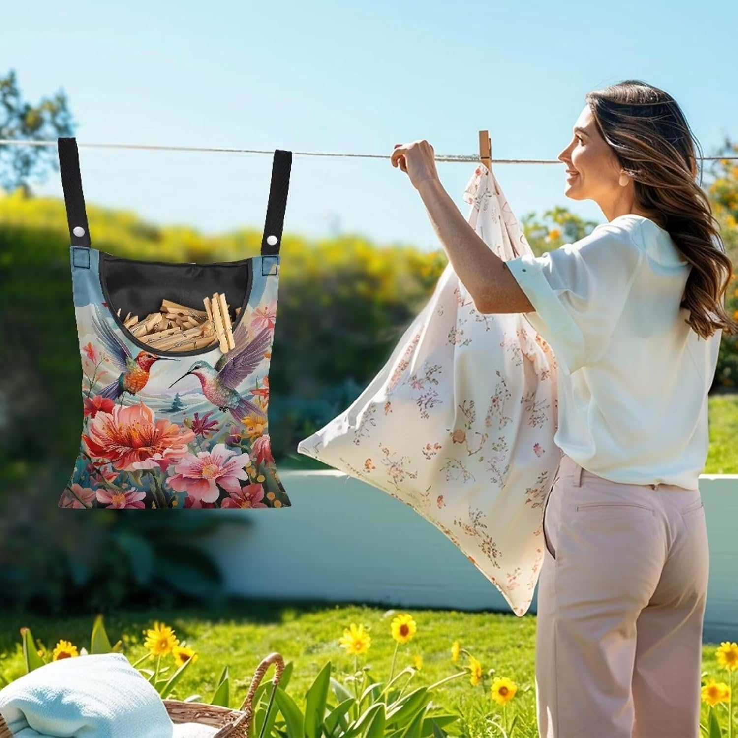Hummingbird Hibiscu Large Capacity 14.5 x 12 Inch Clothespin Bag with Hanging Hook Waterproof