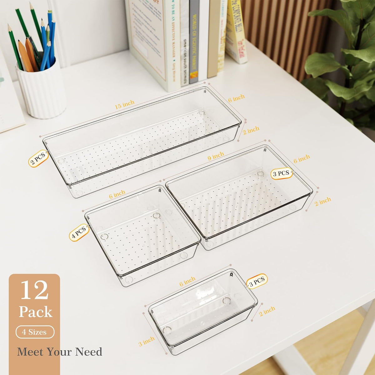 Criusia Drawer Organizer, 12 Pack Clear Plastic Kitchen Drawer Organizers Set,4-Size Versatile