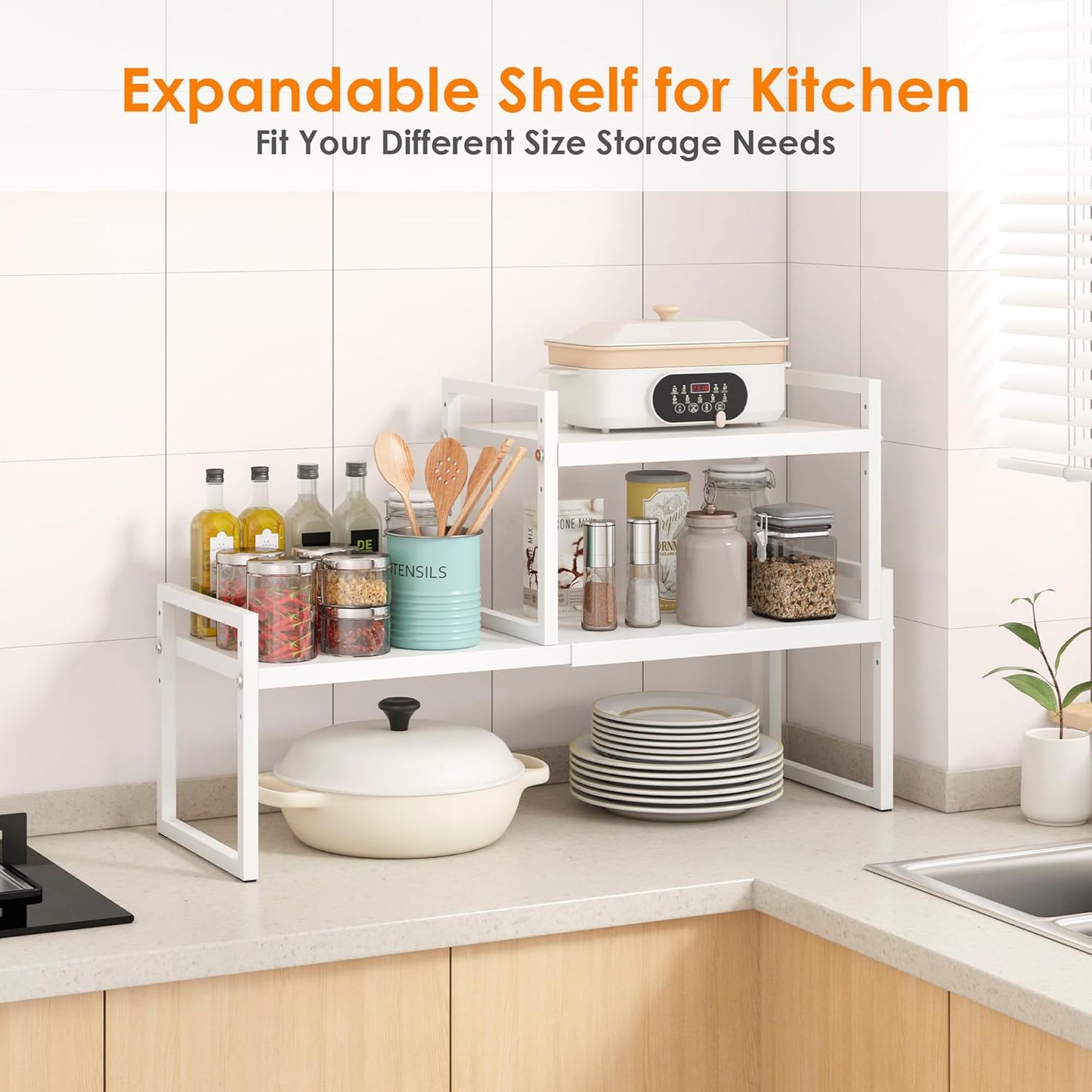 DOLALIKE Expandable Kitchen Countertop Organizer, Stackable Cabinet Shelf Organizers, Space Saving