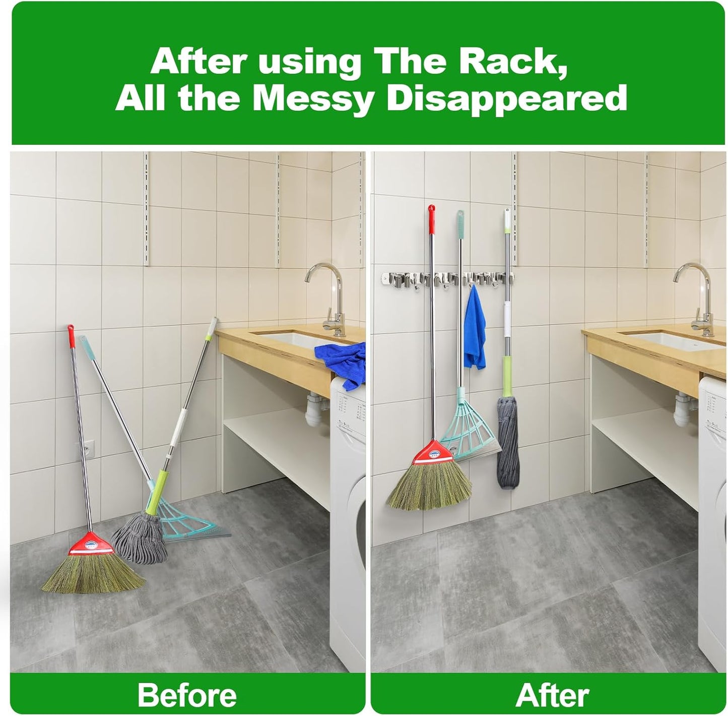 voze 5 Racks and 4 Hooks Mop and Broom Holder Wall Mount, Self Adhesive Heavy Duty Broom Hanger