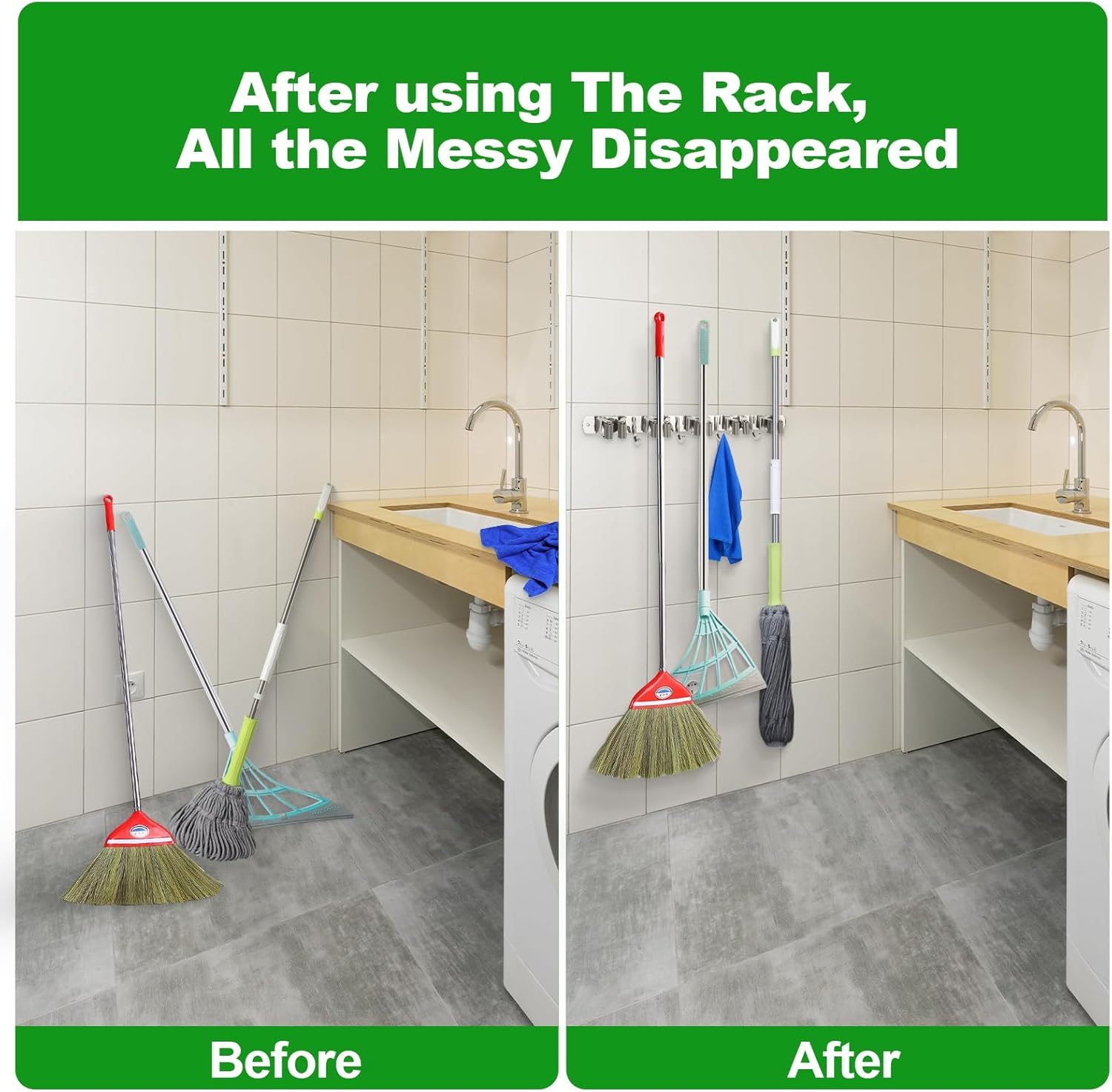 voze 5 Racks and 4 Hooks Mop and Broom Holder Wall Mount, Self Adhesive Heavy Duty Broom Hanger