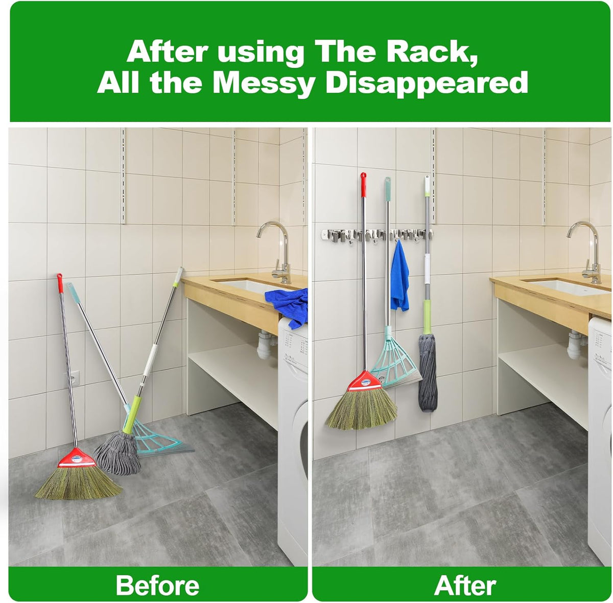 voze [2 Pack] 5 Racks and 4 Hooks Mop and Broom Holder Wall Mount, Self Adhesive Heavy Duty Broom