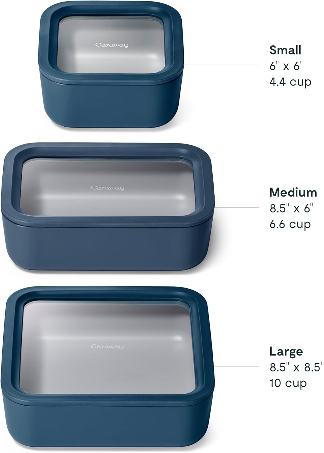 Caraway 3pc Glass Food Storage Set – 10 Cup, 6.6 Cup, & 4.4 Cup Food Containers - Ceramic Coated