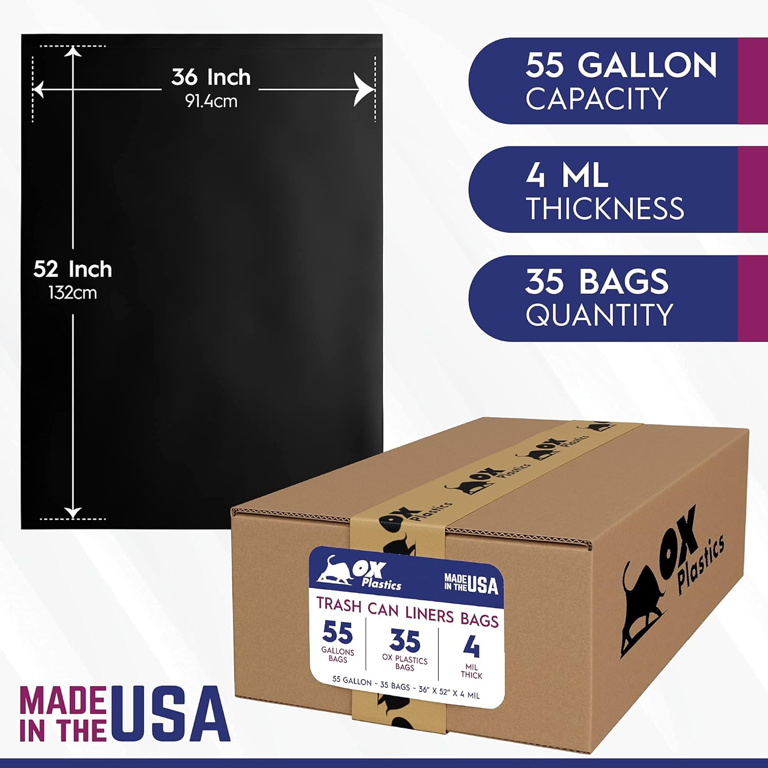 55 Gallon 4mil Trash Can Liners Bags - (35 Count) Capacity & Thick Extra Heavy Duty Strength