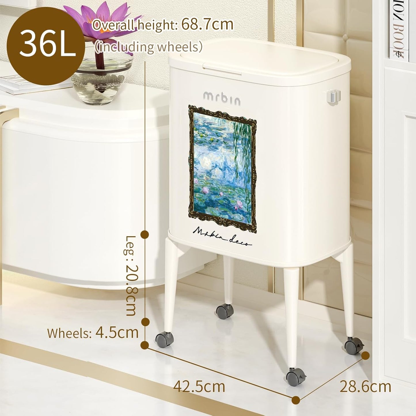 MRBIN Metal Kitchen Trash Can with Wheel Legs, 36L / 9.5gal Medium Press Lid Slim Removable Waste