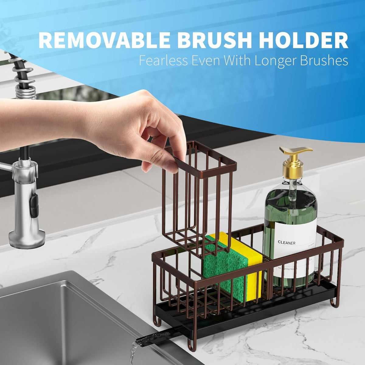 Cisily Brown Sponge Holder for Kitchen Sink, Sink Caddy Organizer with High Brush Holder, Kitchen