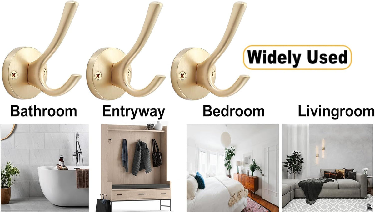 Gold Wall Hooks, 5 Pack Coat Robe Hook Heavy Duty Metal Double Bath Hook Wall Mounted, Hand Towel