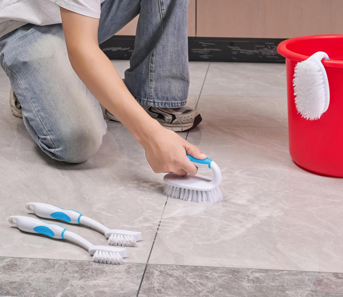 Scrub Brush Set, 4 Pack Deep Cleaning Brush Kit - 2 Scrub Brush, 2 Tile & Grout Brush with Built-in