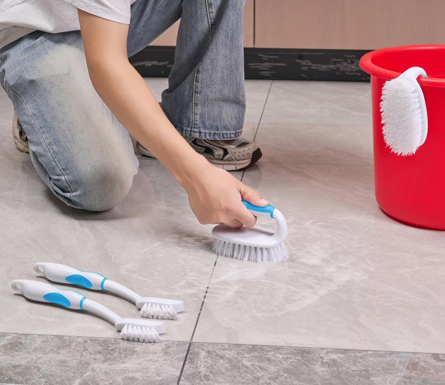 Scrub Brush Set, 4 Pack Deep Cleaning Brush Kit - 2 Scrub Brush, 2 Tile & Grout Brush with Built-in