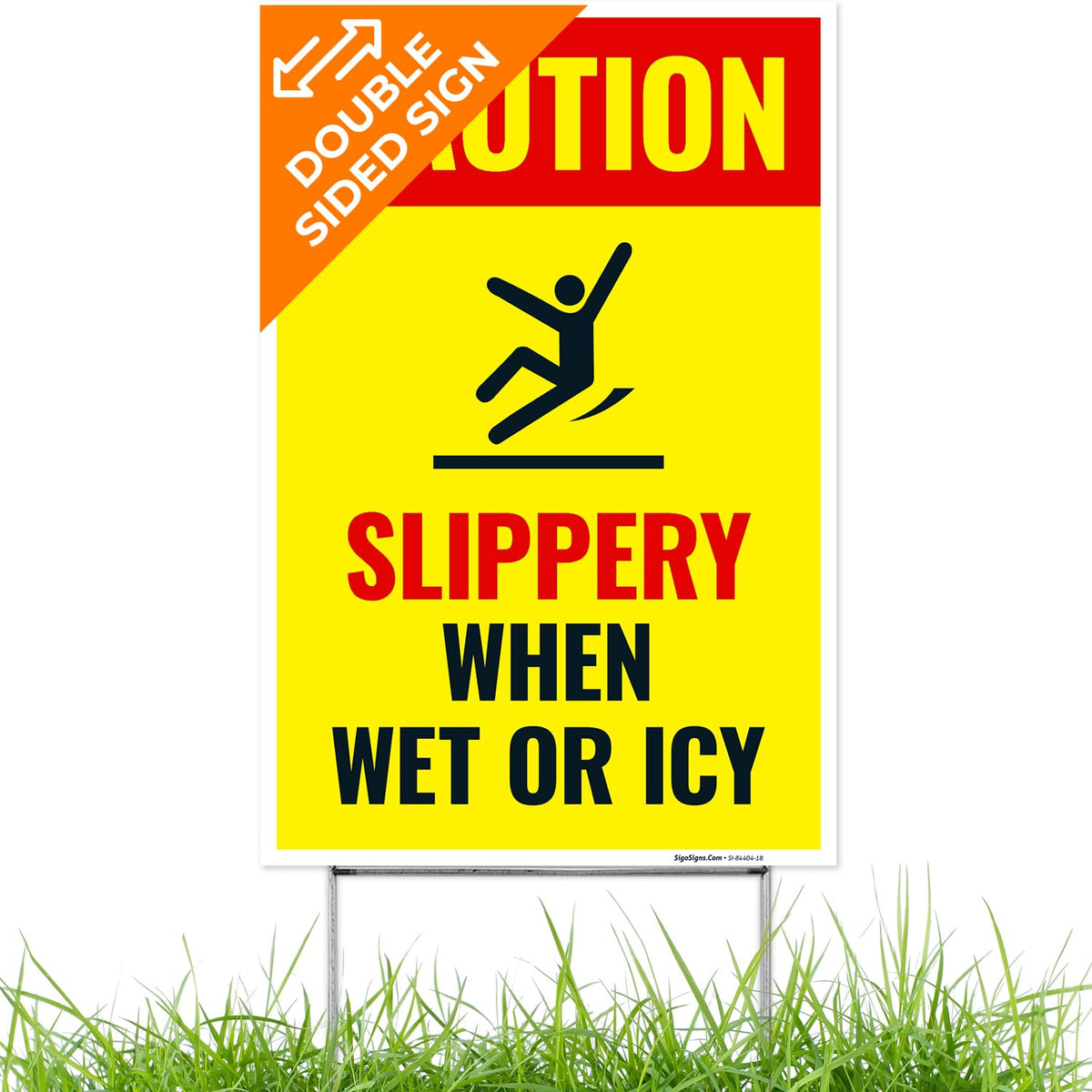 Caution Slippery When Wet or ICY Sign, (SI-84404) Double Sided 12x18 Inches, Corrugated Plastic