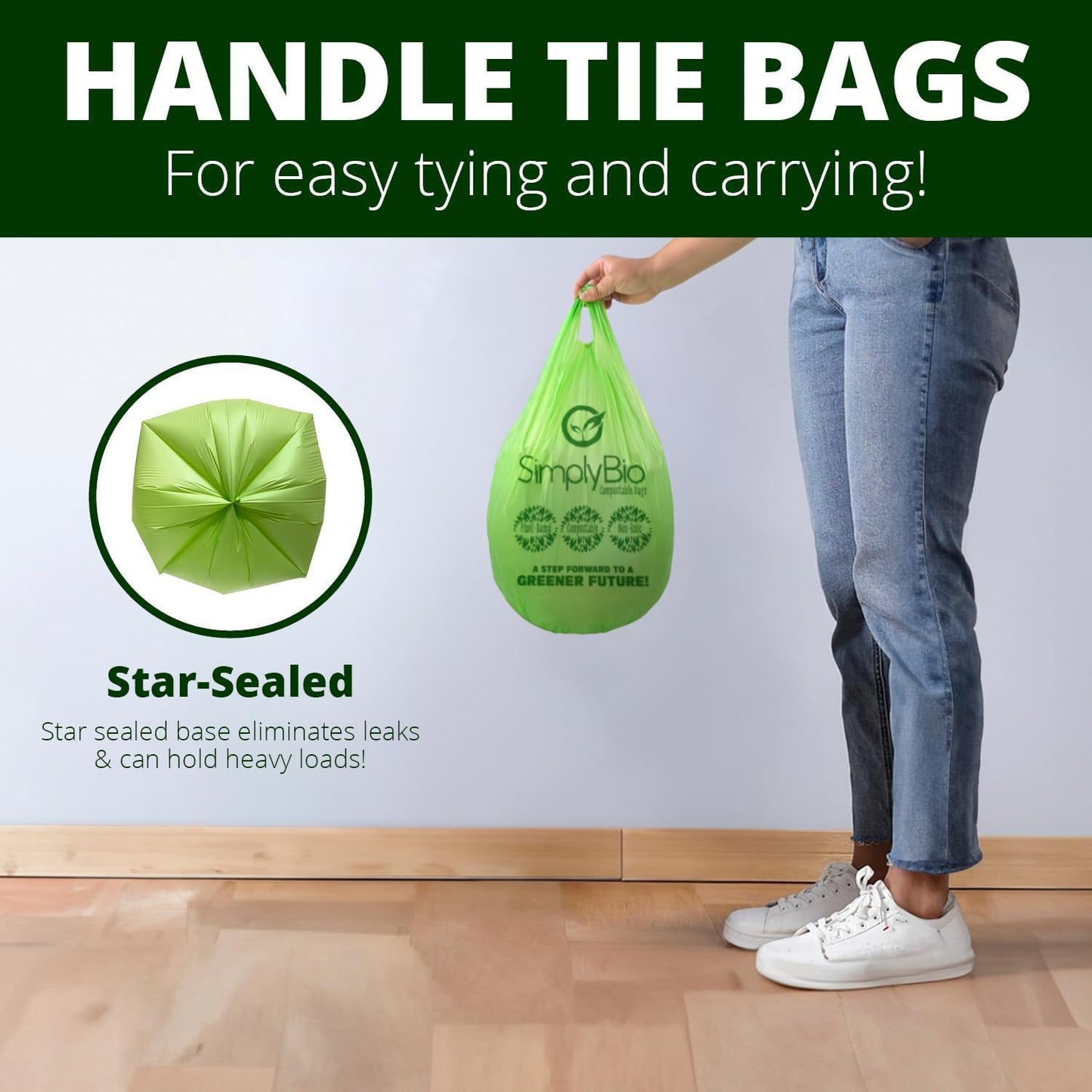 1.6 Gallon Compostable Trash Bags Handle, Heavy Duty Thick 0.6 Mil, 6.06 Liter, 50 Bags, Small