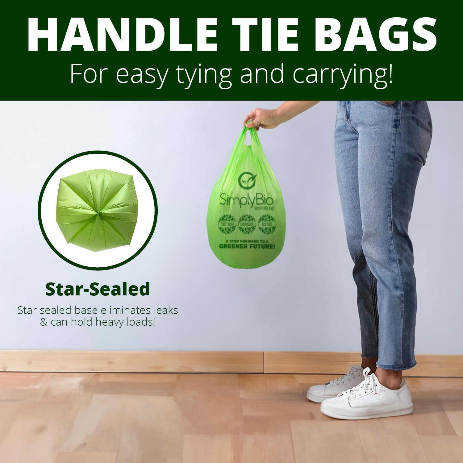 1.6 Gallon Compostable Trash Bags Handle, Heavy Duty Thick 0.6 Mil, 6.06 Liter, 50 Bags, Small