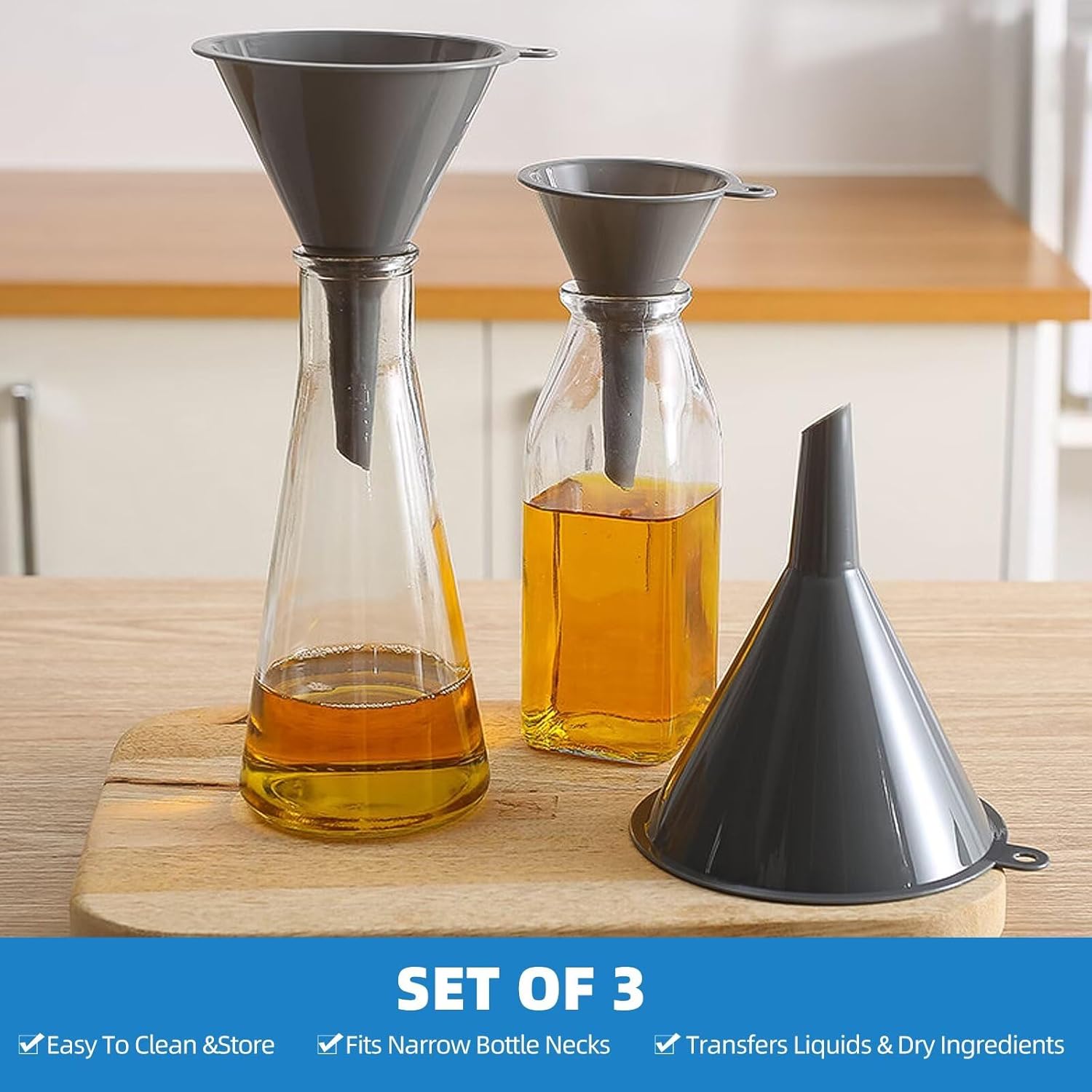 Plastic Kitchen Funnel Set of 3, Round Kitchen Funnels for Filling Bottles, Durable and