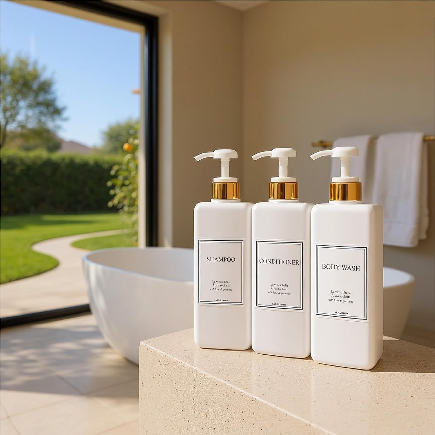 Modern Gold Design Large 27 oz Shampoo and Conditioner Dispensers - Empty Plastic Refillable Pump