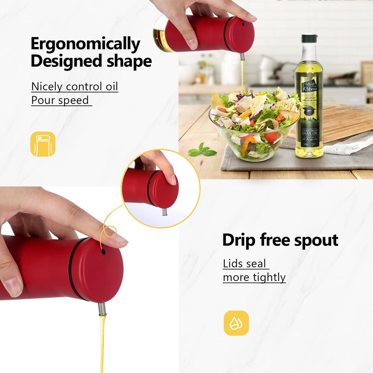 Aelga Red Oil And Vinegar Dispenser Set - 2 Pack Oil Dispenser Bottle for Kitchen with No-Drip- Red