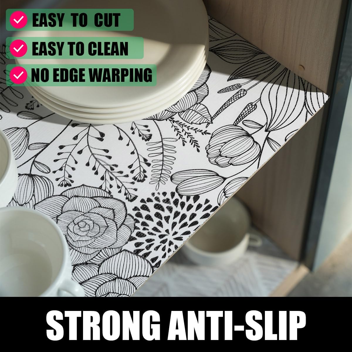 Floral Drawer and Shelf Liner for Kitchen 12IN x 20FT, Non-Adhesive and Strong Non-Slip Cabinet