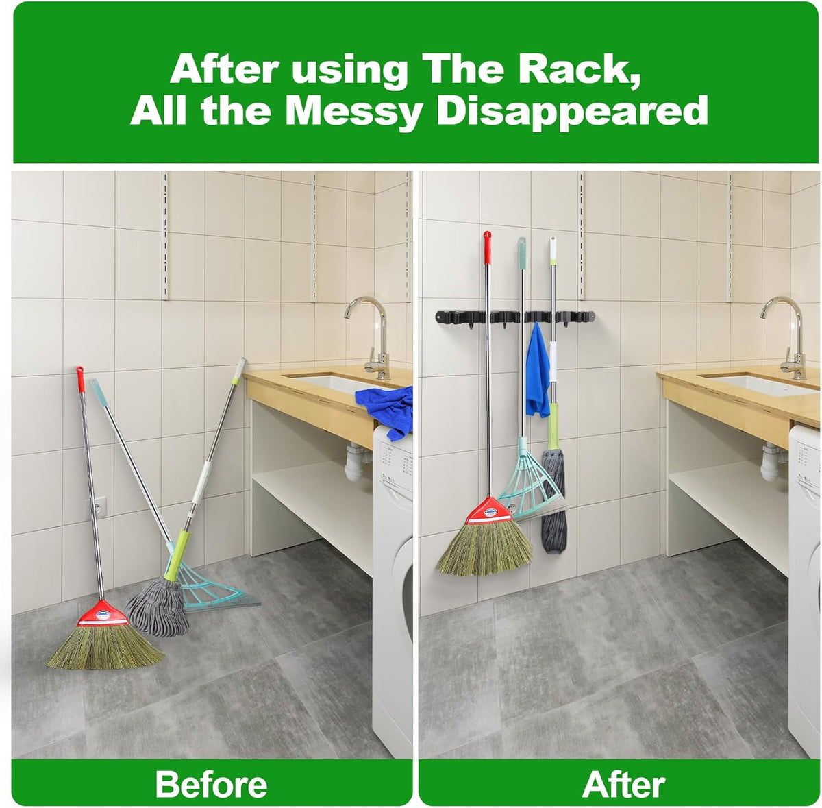 voze 5 Racks and 4 Hooks Mop and Broom Holder Wall Mount, Self Adhesive Heavy Duty Broom Hanger