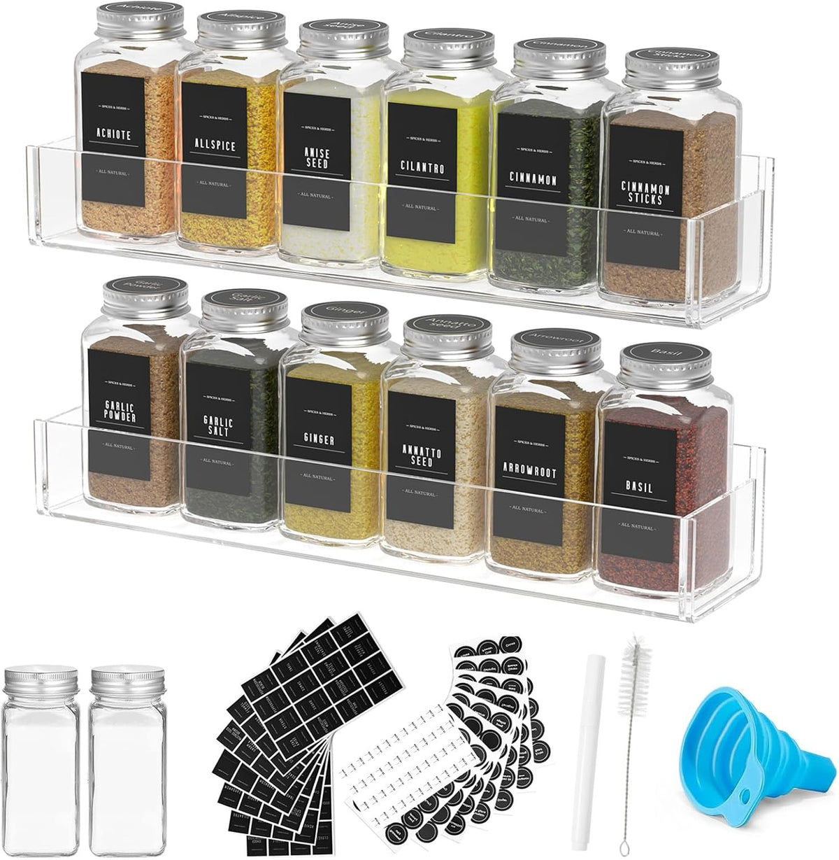 PMMASTO Adhesive Acrylic Spice Rack Organizer with 12 Empty Square Spice Jars, 238 Spice Labels