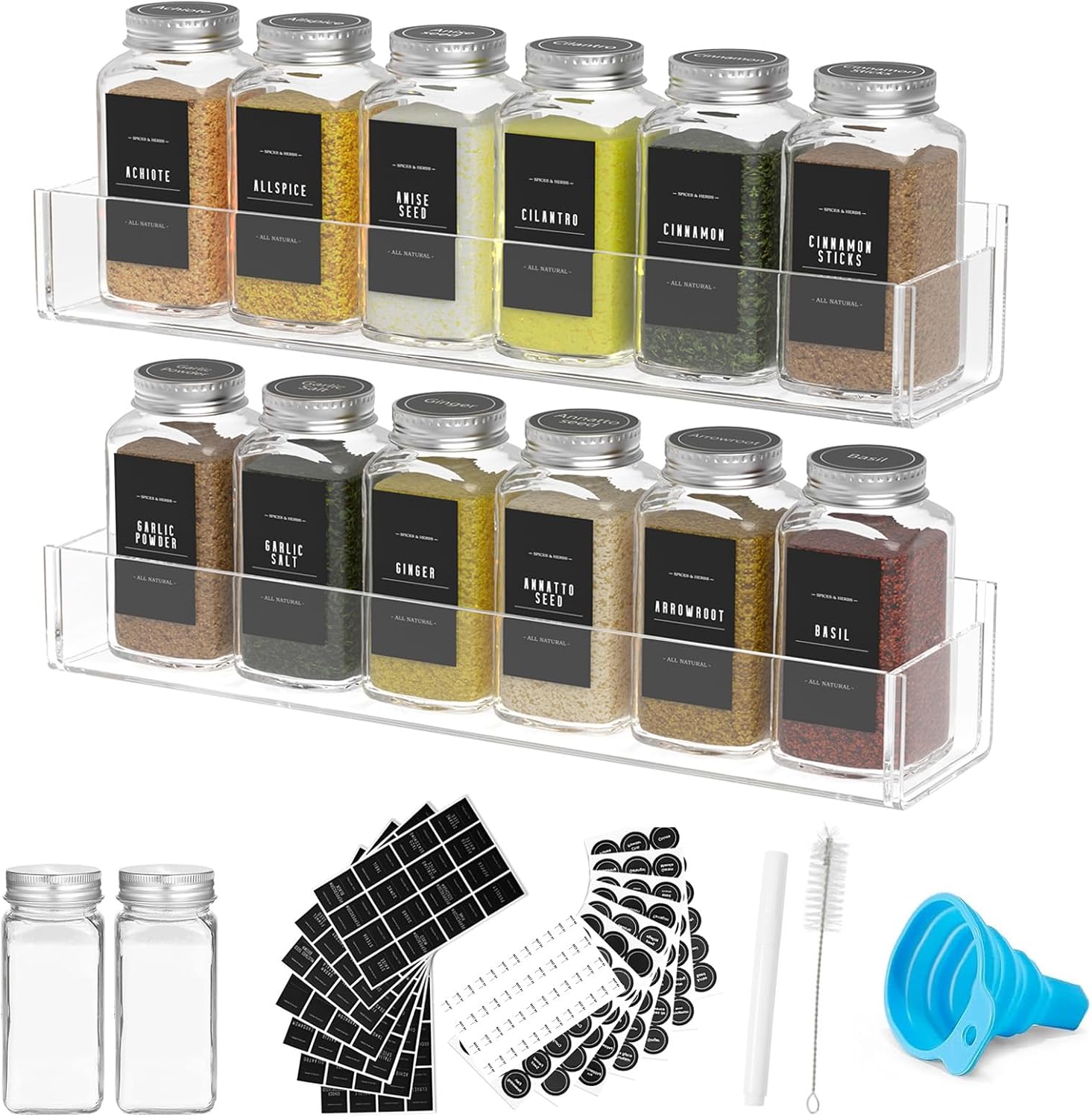 PMMASTO Adhesive Acrylic Spice Rack Organizer with 12 Empty Square Spice Jars, 238 Spice Labels