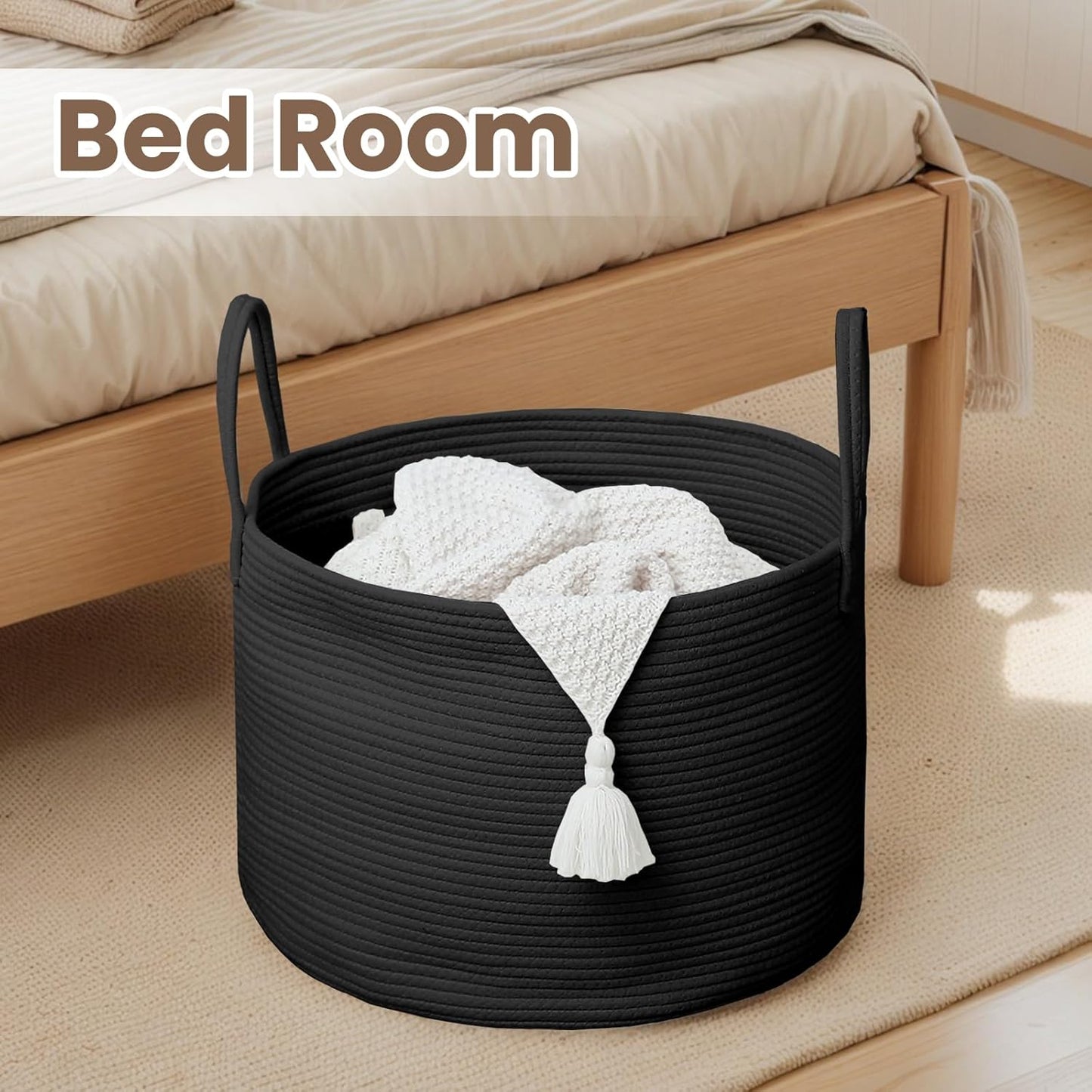 Woven Blanket Basket,115L Large Rope Storage Bin with Handles, Organizer for Blankets Toys Book and