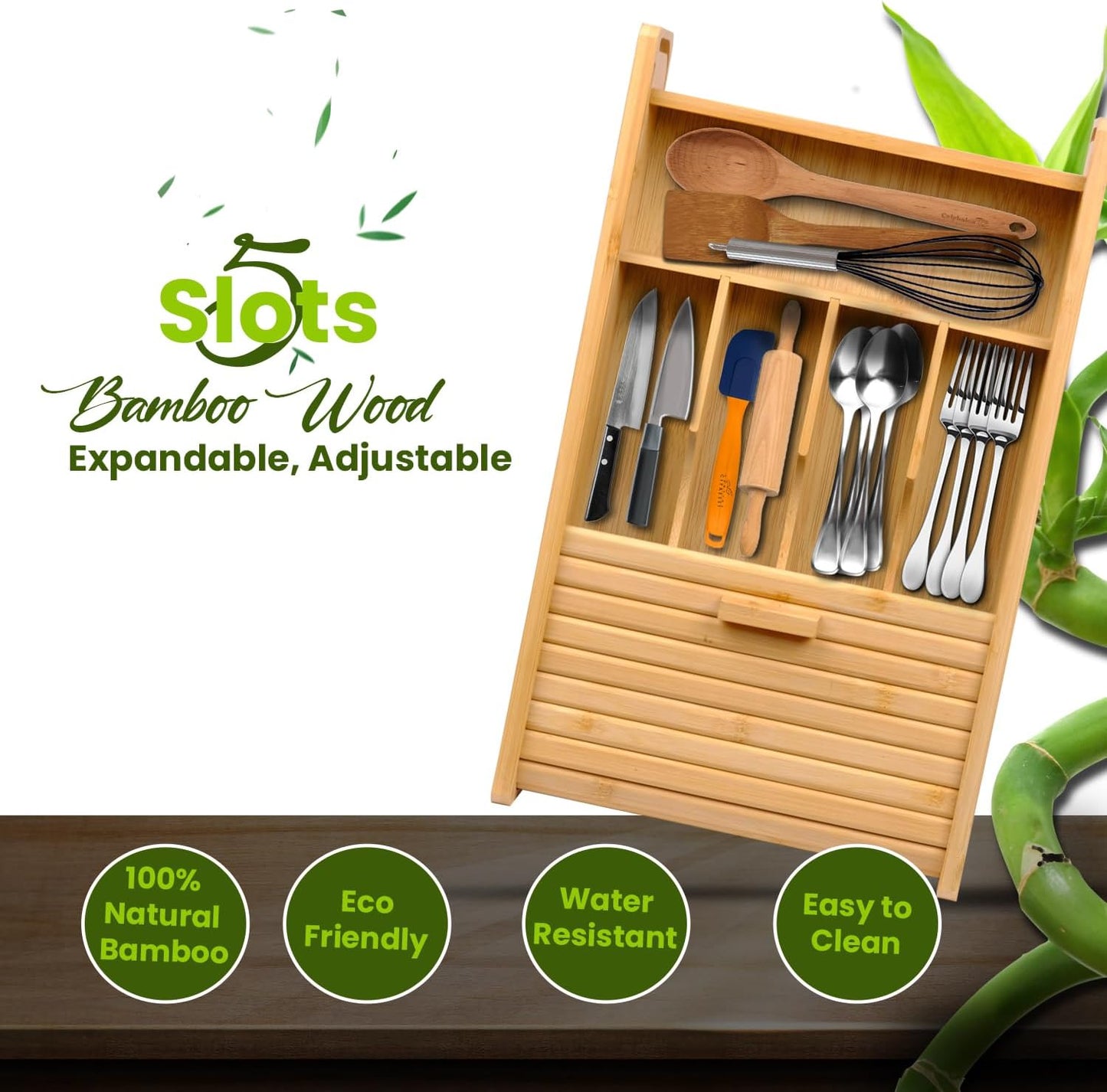 KozyKoala & Co. Bamboo Drawer Organizer with Sliding Lid - 5 Slot Kitchen Drawer Organizer &