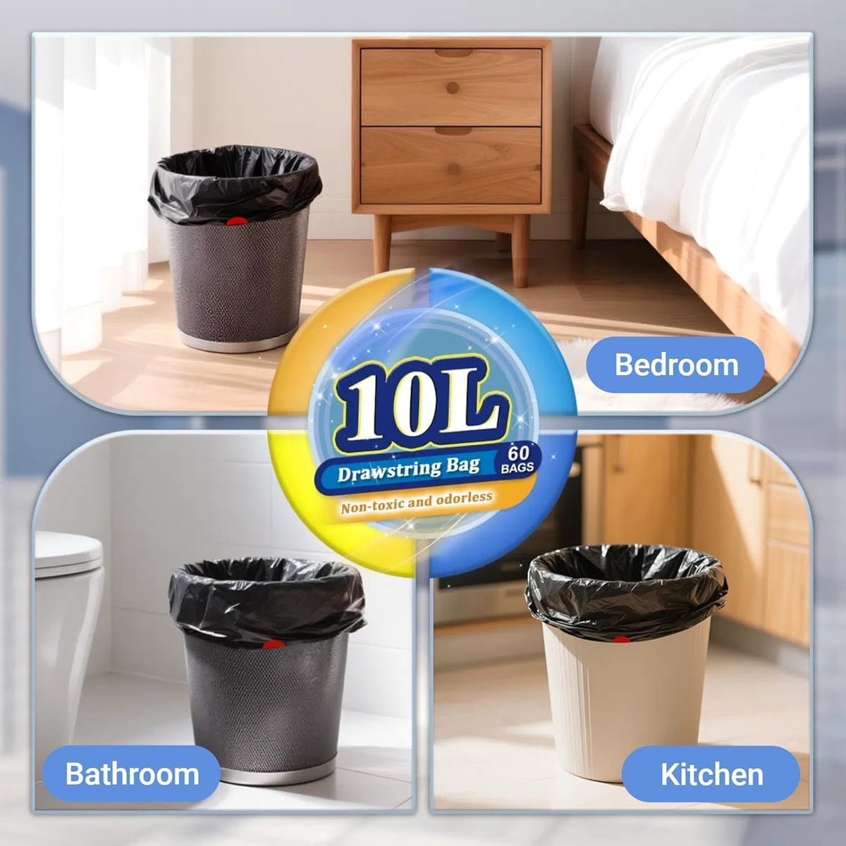 XUXRUS 2.6-3 Gallon Black Bathroom Drawstring Trash Bags - 60 Count Folded Small Garbage Bags