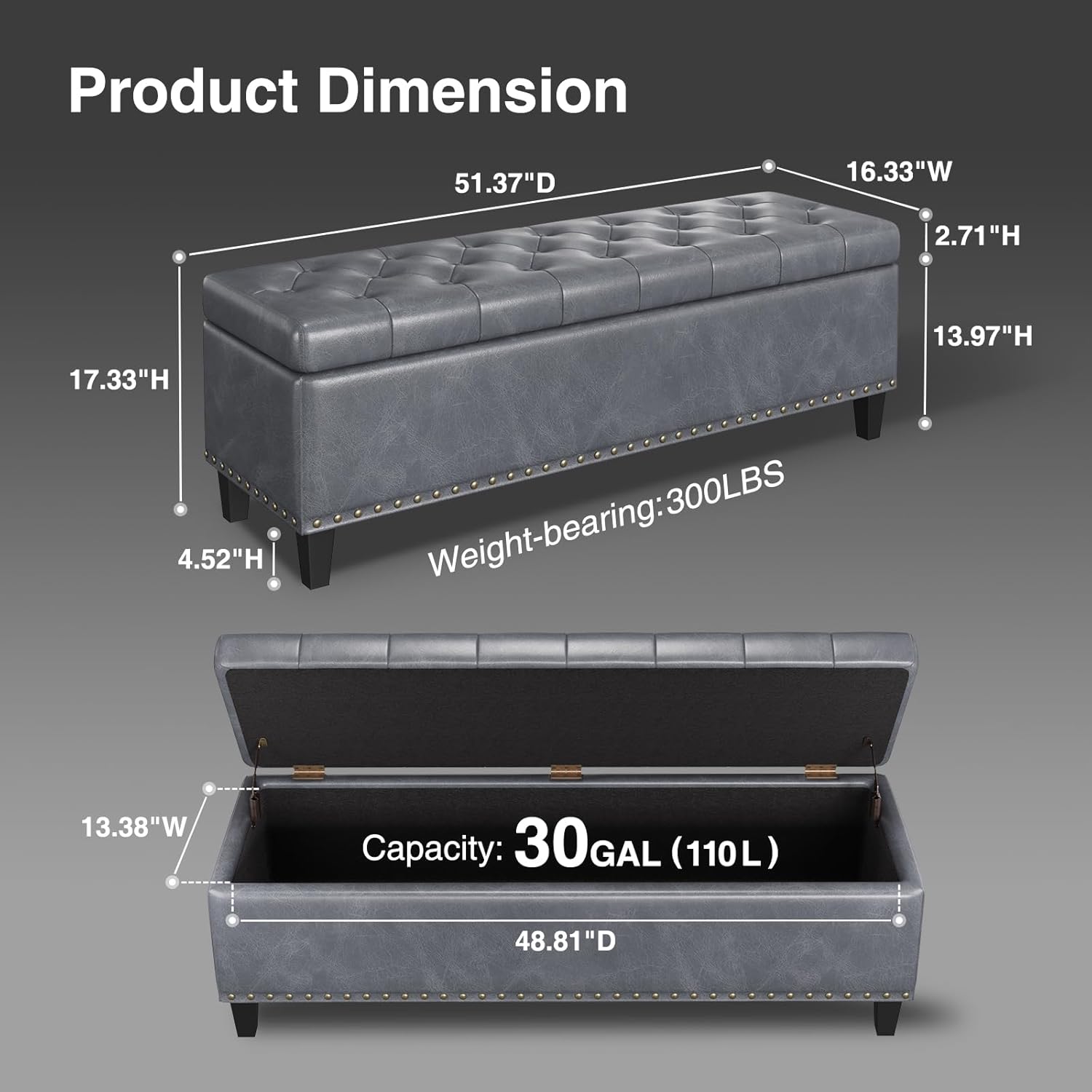 Storage Ottoman Bench, 51-Inch Large Storage Ottoman for Bedroom End of Bed, 30 Gallons Faux
