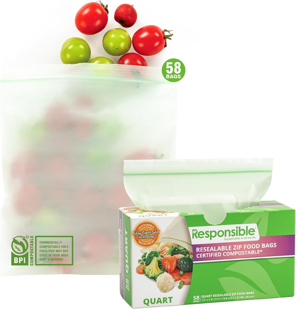 Responsible Products Certified Compostable QUART Resealable Zip Bag, Extra Strength Food Bags