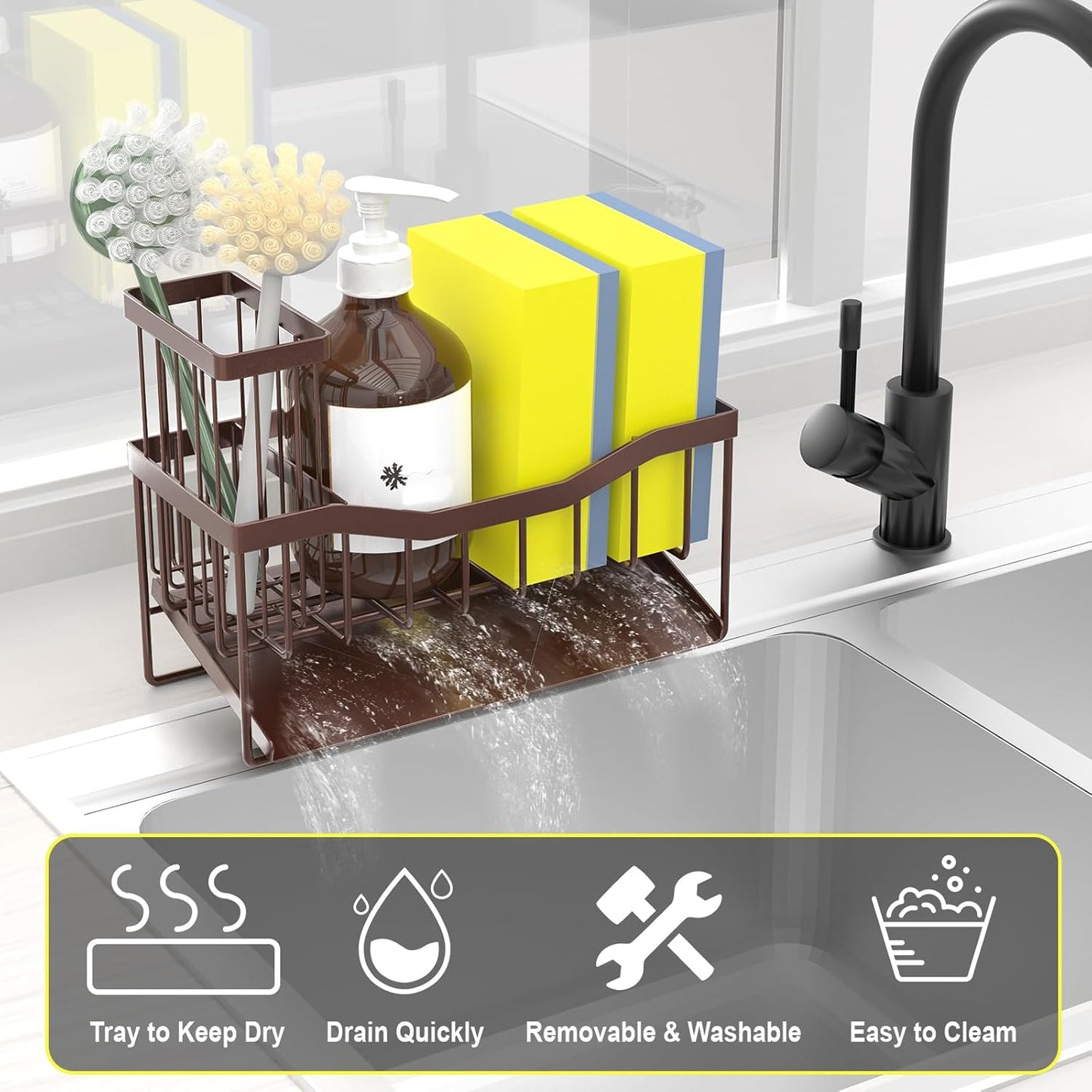 Maifan Sink Caddy Sponge Holder for Kitchen with Brush Holder and Stainless Steel Self Drain Tray